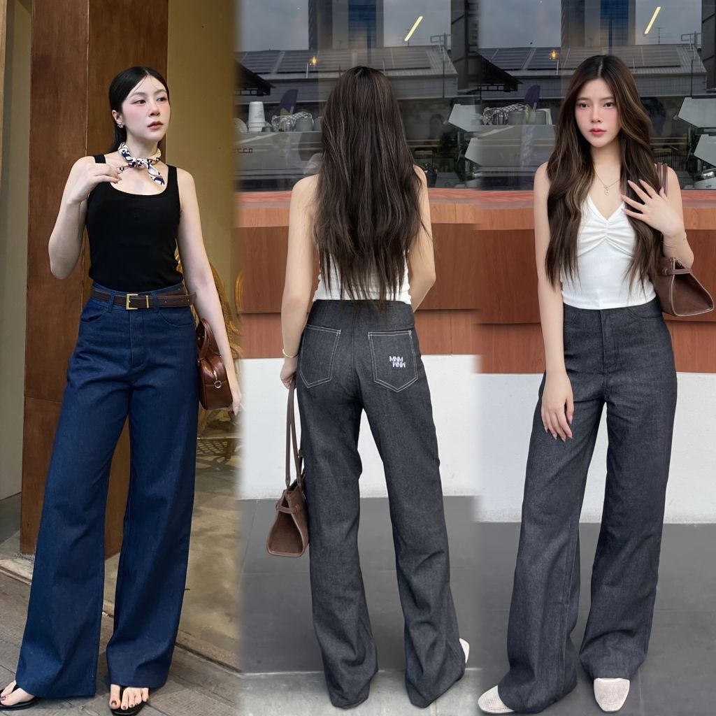 Ma.Magic Pants กางเกงขากระบอกปักโลโก้ MNM สียีนส์เข้ม/สีดำ