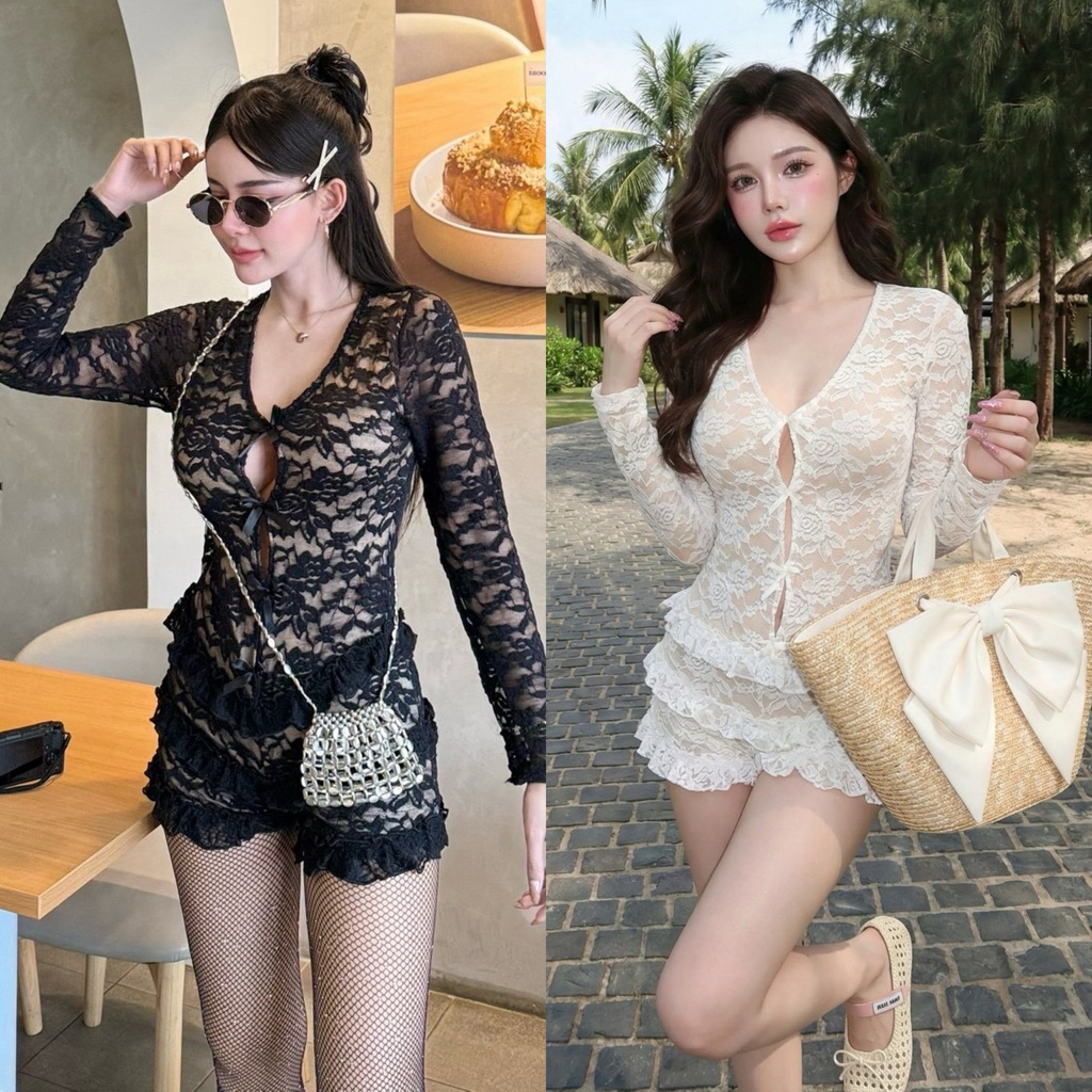 Teera❤️พร้อมส่ง✨Jumpsuit💋จั๊มสูท เฟียสแบบตัวแม่’🤭 ผ้าลูกไม้ยืด ซับในนิ่มมาก👍🏻แต่งระบายขา ซิปหลัง goodluck