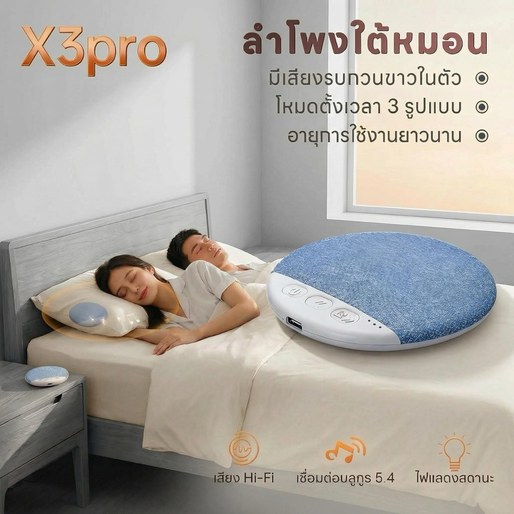 ลําโพงนอน X3pro ใต้หมอน: คุณภาพเสียงดีเยี่ยมบางเฉียบเพียง1ซม.พร้อมฟังก์ชั่นช่วยการนอนหลับเสียงสีขาวรองรับบลูทูธ5.4
