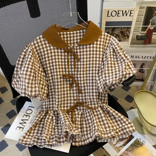 เสื้อลายสก๊อตแขนตุ๊กตาเอวสม๊อคหลัง แต่งโบว์แต่งสายผูก ผ้าดีใส่สบาย(อก28-52นิ้ว) งานไทยพร้อมส่งจากกทม