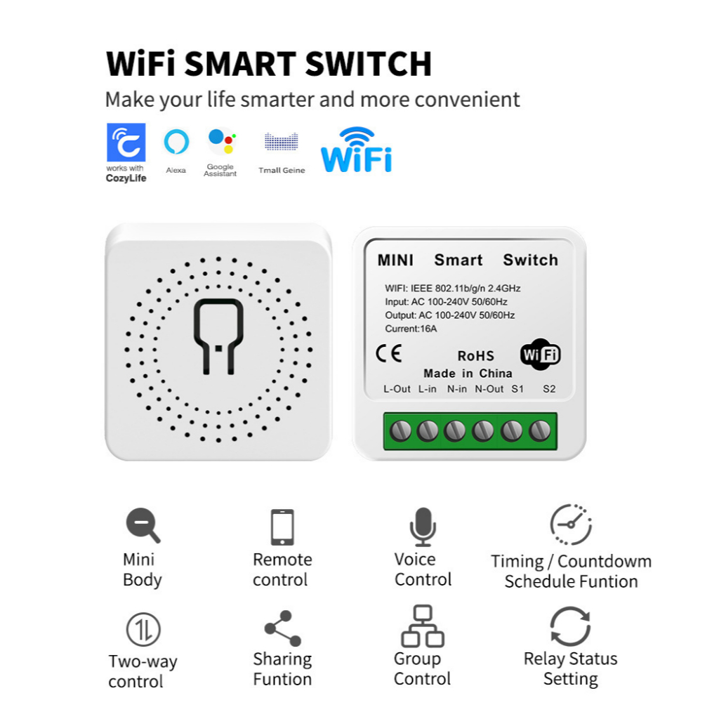 16A Smart Mini Switch DIY Smart Switch Wifi 2-Way Switch With Voice Control For  Cozy Life