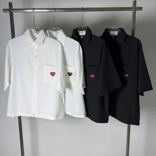 S22: เสื้อเชิ้ตแขนสั้น ปักหัวใจ ทรงครอป Boxy สีพื้น ใส่ได้ทั้งผู้ชายและผู้หญิง