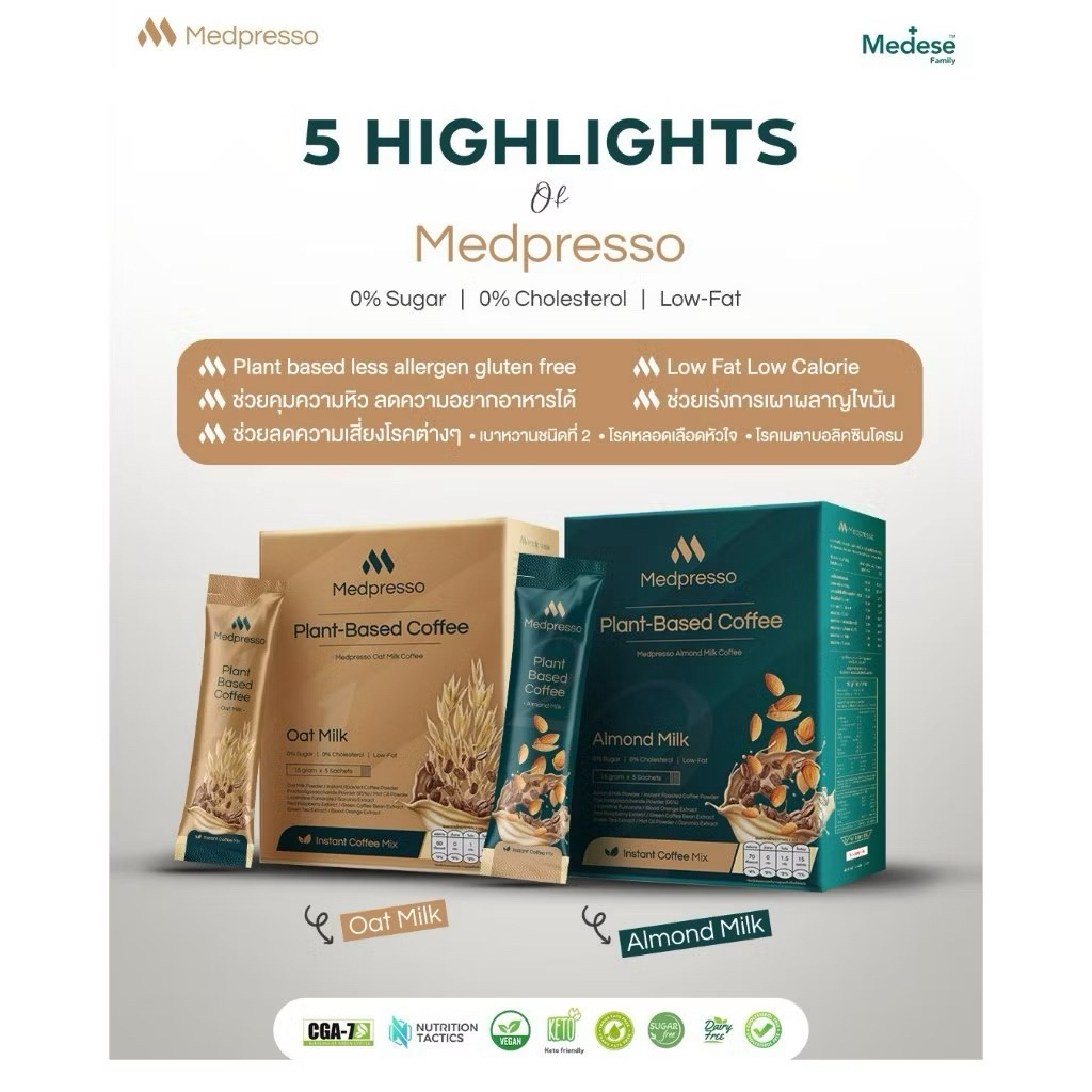 [ออกใบกำกับภาษีได้] กาแฟนมพืช หมอใบเตย MEDPRESSO COFFEE 1 กล่อง10 ซอง มี 2 รสชาติ