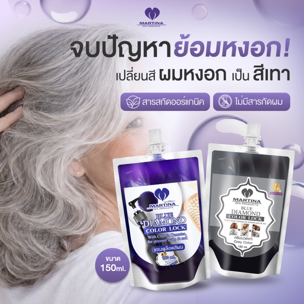 Martina ชุดทำสีเทา แชมพูม่วง+ครีมนวดเทา ลดเหลือง ลดส้ม ล็อคสีเทา 150ml x2