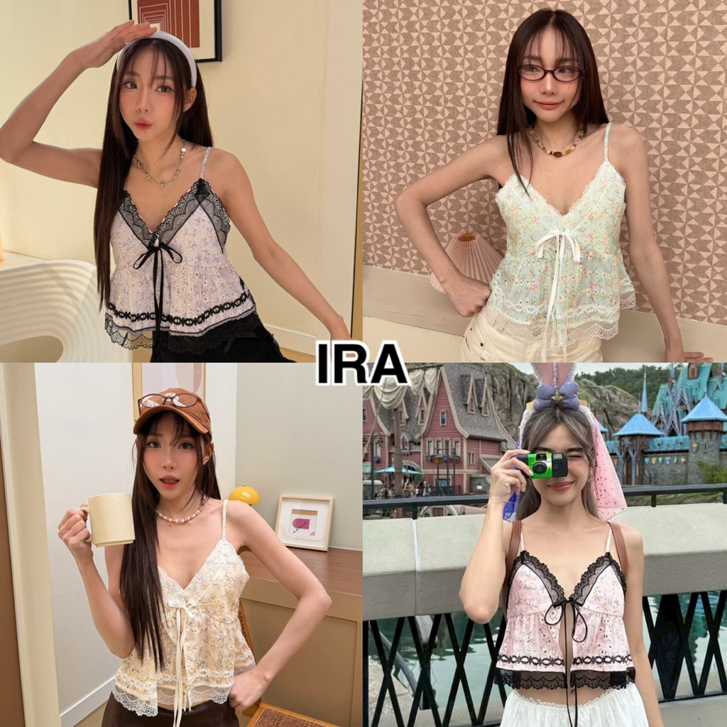 BY IRA (2025-91) Veronica Top. สายเสื้อสายเดี่ยวเลดี้ ผ้าฝ้ายงานปักดอกไม้  ลาายดอก