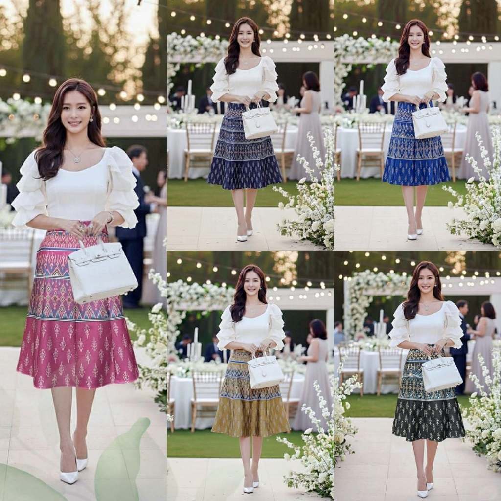 Moochompoo *พร้อมส่ง* i128 กระโปรงลายไทยพื้นเมือง ผ้าญี่ปุ่น  ทรงพลิ้ว 8 ชิ้น  มีกระเป๋า ยาว 24 นิ้ว ไซส์ S-5XL ผ้าไม่ต้