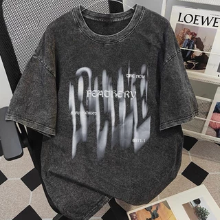 (COD) LUVORO T-Shirt ลาย เนื้อผ้านุ่มระบายอากาศดี ผู้ชายเสื้อยืด ฟอก วินเทจคอกลมแขนสั้น Oversize เสื้อยืดผ้าฟอก C760