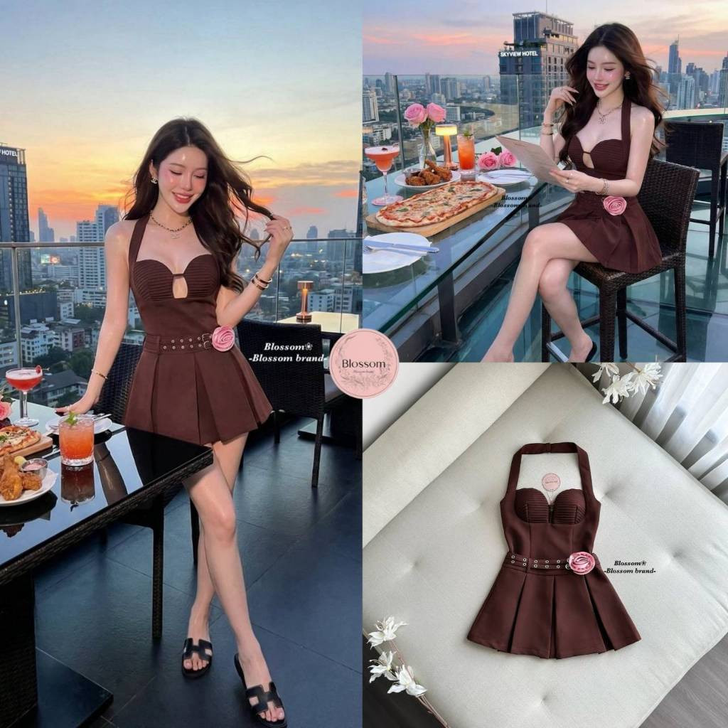 Blossom Set2ชิ้น เสื้อ+กระโปรงทรงสั้น สีน้ำตาลโทนช็อกโก