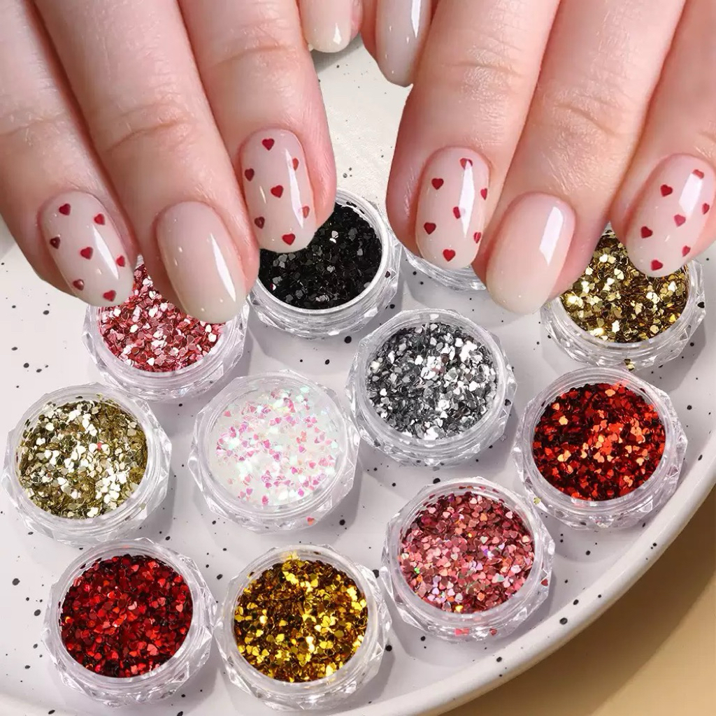 [แยกสี] ขนาด 1 มิล กากเพชรแต่งเล็บแยกสี ดาวจิ๋ว หัวใจจิ๋ว ใช้ผสม/หรือทากาวแล้วติดเล็บ