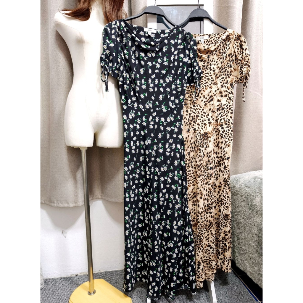 printed ruched sleeves midaxi dress เดรสคอถ่วง งานแบรนด์ ลายเสือ,ลายดอกดำ
