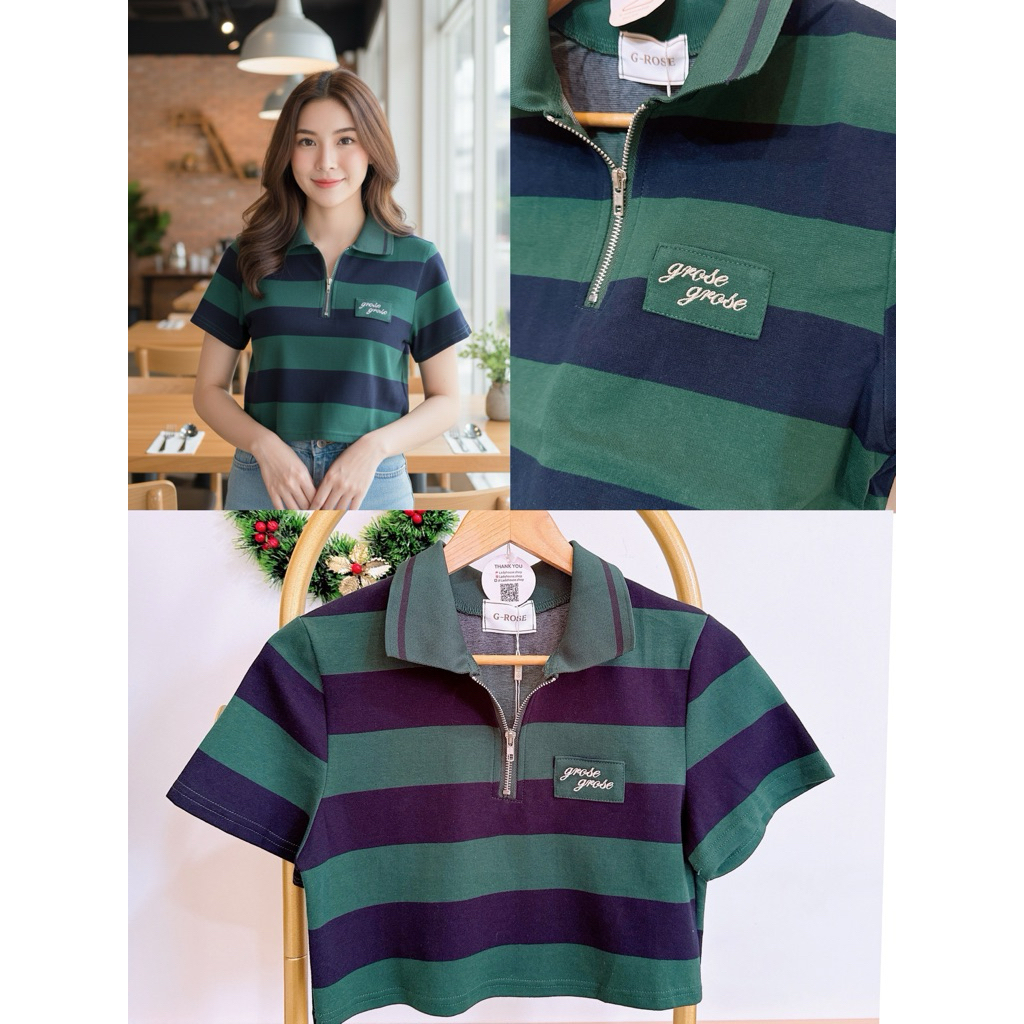 เสื้อครอปลายริ้วงานปัก แต่งซิปรูดขึ้นลง ผ้านิ่มใส่สบาย🌟