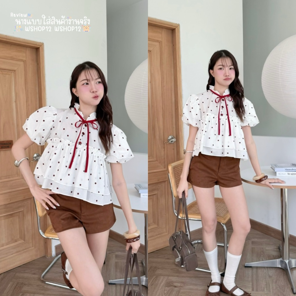 BSHOP05 เสื้อครอประบาย ผูกโบว์หน้า ลายจุดเล็ก แขนพองๆน่ารัก