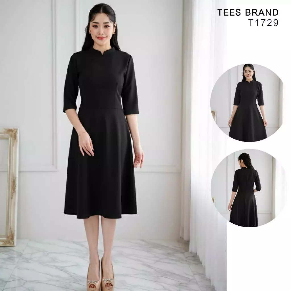 TEESBRAND T1729 ชุดทำงานสีดำ ทรงบาน เสื้อคอจีน แขนห้าส่วน ยาว40 นิ้ว เดรสดำ ชุดดำงานศพ ชุดดำสุภาพ