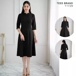 TEESBRAND T1729 ชุดทำงานสีดำ ทรงบาน เสื้อคอจีน แขนห้าส่วน ยาว40 นิ้ว เดรสดำ ชุดดำงานศพ ชุดดำสุภาพ