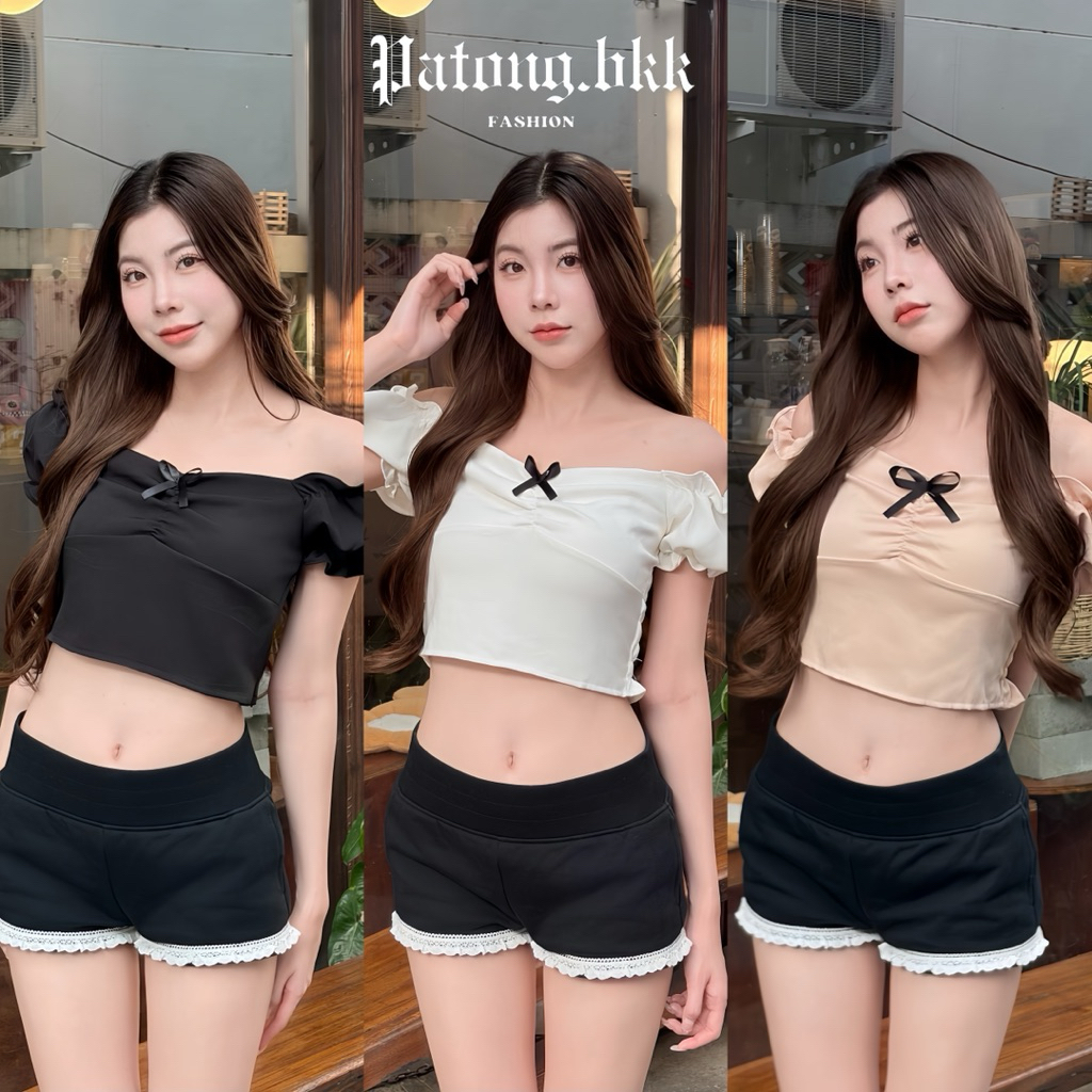 เสื้อโยชิ เสื้อครอป แขนตุ๊กตา ปาดไหล่ มีซิปข้าง น่ารักๆ ติดโบว์ สไตล์เสื้อเวียดนาม