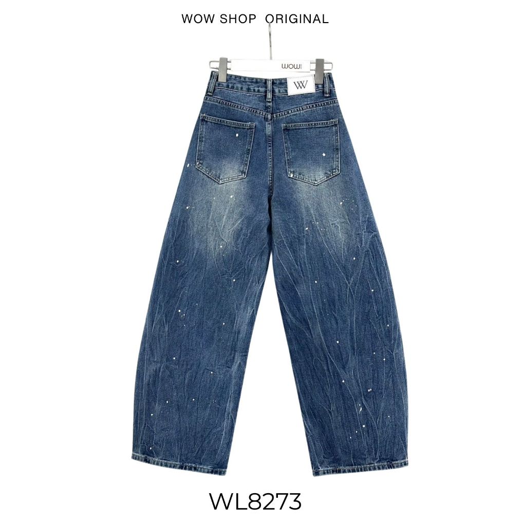 WOWSHOP WL8273 กางเกงยีนส์ทรง Barrel สีเข้ม ทำเล่นจุดสีแรนด้อมทั่วตัว น่ารักมาก ราคา ถูกที่สุด ดีลบีเคเค แกลเลอรีภาพที่ 2