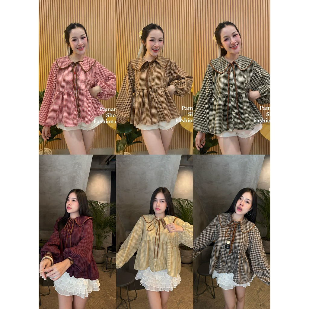 เสื้อคอบัว ลายตาราง 🧣จั้มปลายแขน “แต่งผูกโบว์” 🎀