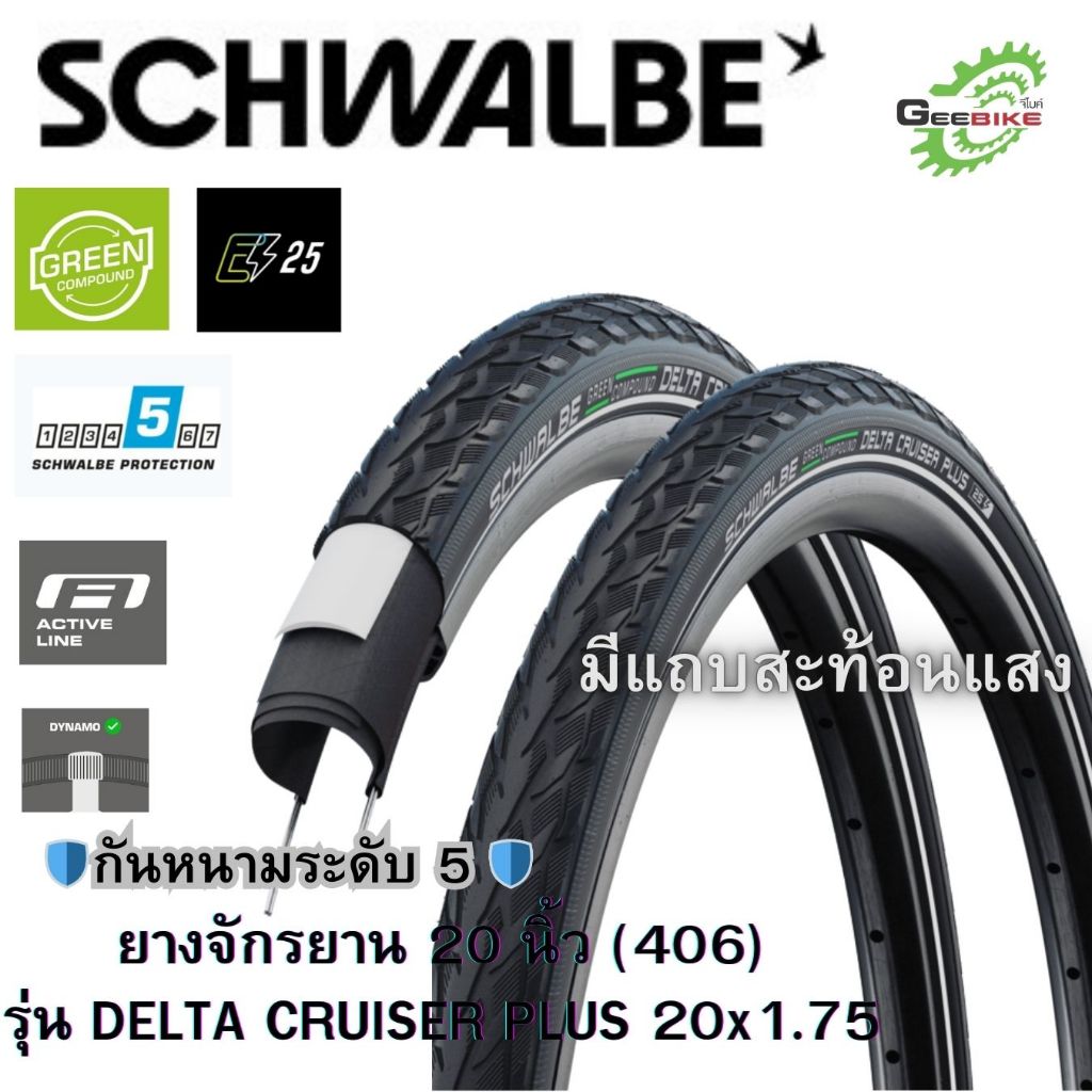 Schwalbe DELTA CRUISER PLUS 20x1.75 ยางจักรยาน ล้อ20 นิ้ว 406 ป้องกันหนาม ศูนย์ไทย✨🚀