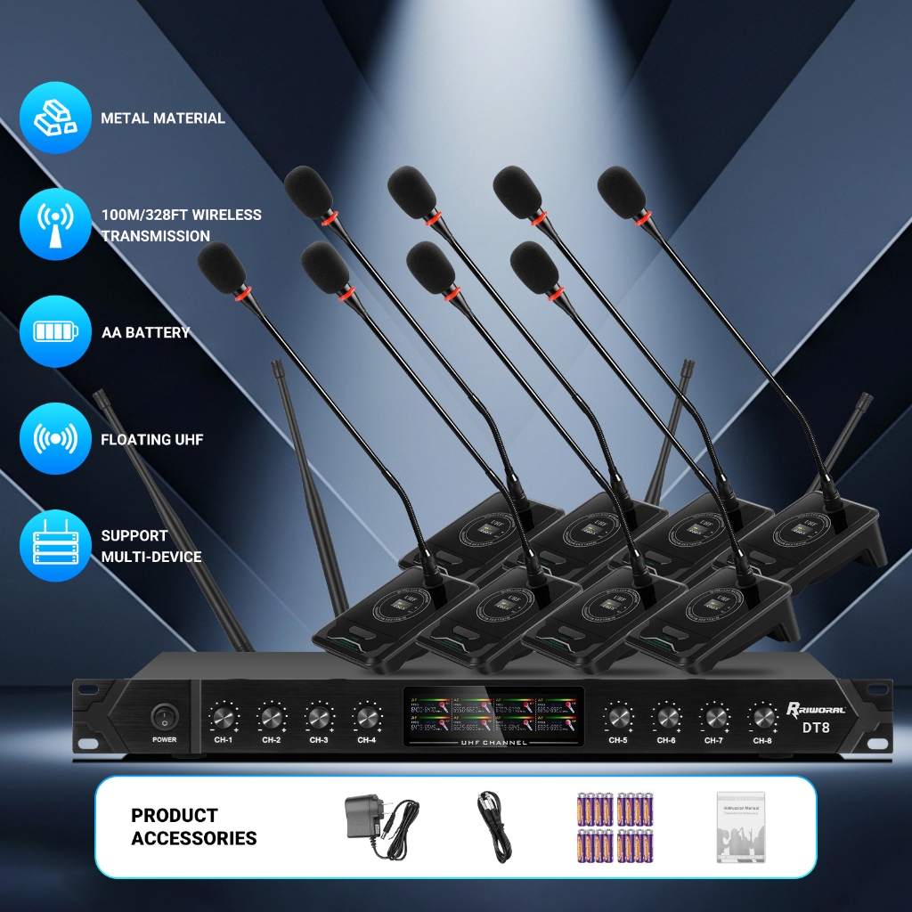 8 ช่อง การประชุม ไมค์ลอยไร้ สาย UHF ไมโครโฟนไร้สายแบบคอยาว8ช่องเสียงพื้นหลังต่ำมากและออกแบบมาสำหรับก