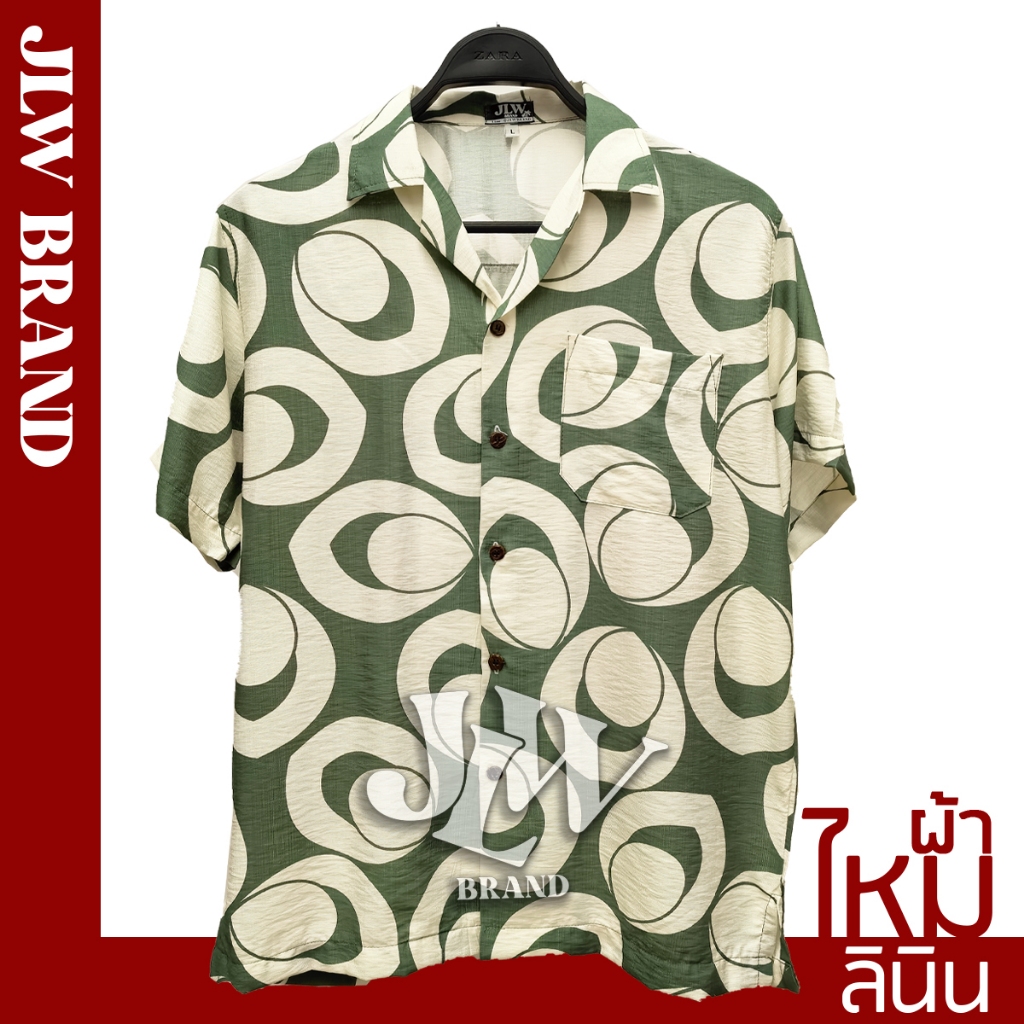เสื้อฮาวาย ลายวงใหญ่ เขียว ผ้าลินินซิลค์ นิ่ม M L XL Oversize คอฮาวาย JLW BRAND