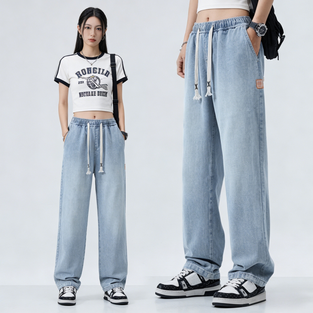 S~5XL Elastic Band Jeans กางเกงขากว้างเอวสูงสีน้ำเงินอินเทรนด์ 2026 กางเกงยีนส์ลำลองหลวมตรงใหม่ HOT