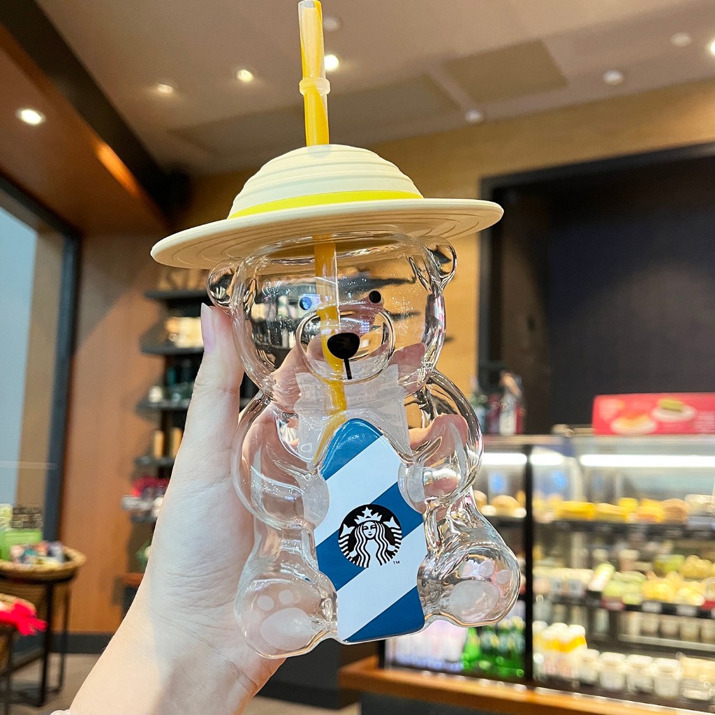 Starbucks Summer Ocean Orange Yellow Bear Glass Straw Cup แก้วทนความร้อน /เย็น ดีไซส์น่ารักก