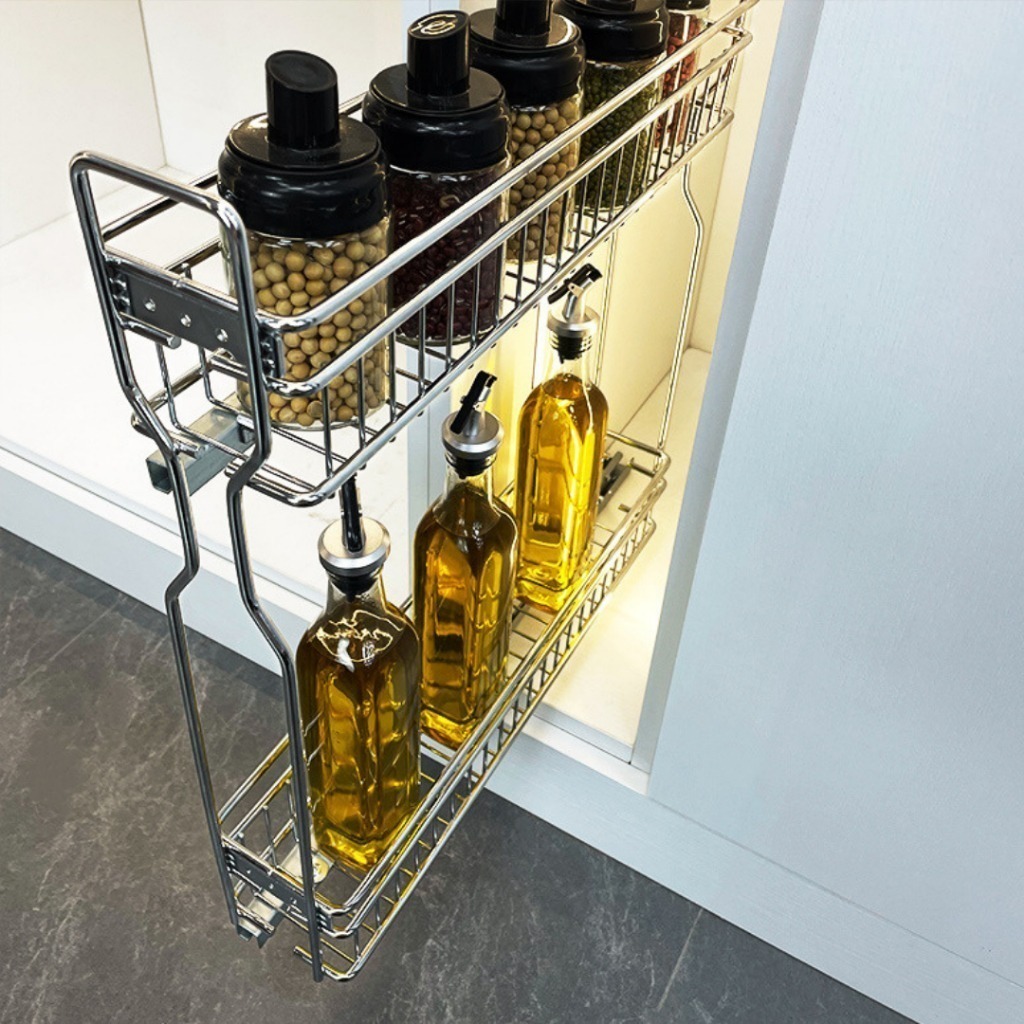 ชุดตะแกรงตู้แคบบานดึง ตะแกรงตู้แคบ วัสดุสแตนเลส พร้อมรางสไลด์และอุปกรณ์ติดตั้ง หน้าบาน20/25ซม รุ่น Basket-C150-250 - รูปที่ 7