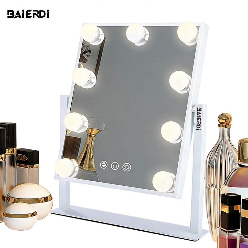 BAIERDI กระจกแต่งหน้า LED พร้อมหลอดไฟ แบบตั้งโต๊ะ หมุนได้ สำหรับใช้งานที่บ้านและหอพัก สไตล์โมเดิร์น เพิ่มแสงสว่างสำหรับโ