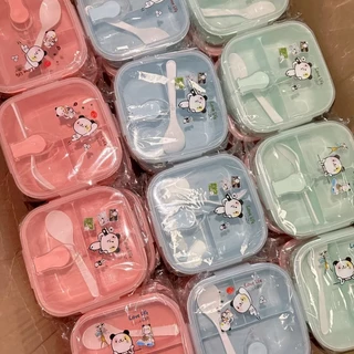 [ยกโหล12ใบ] กล่องข้าวเหลี่ยม 3ช่อง มีช้อน คละสี