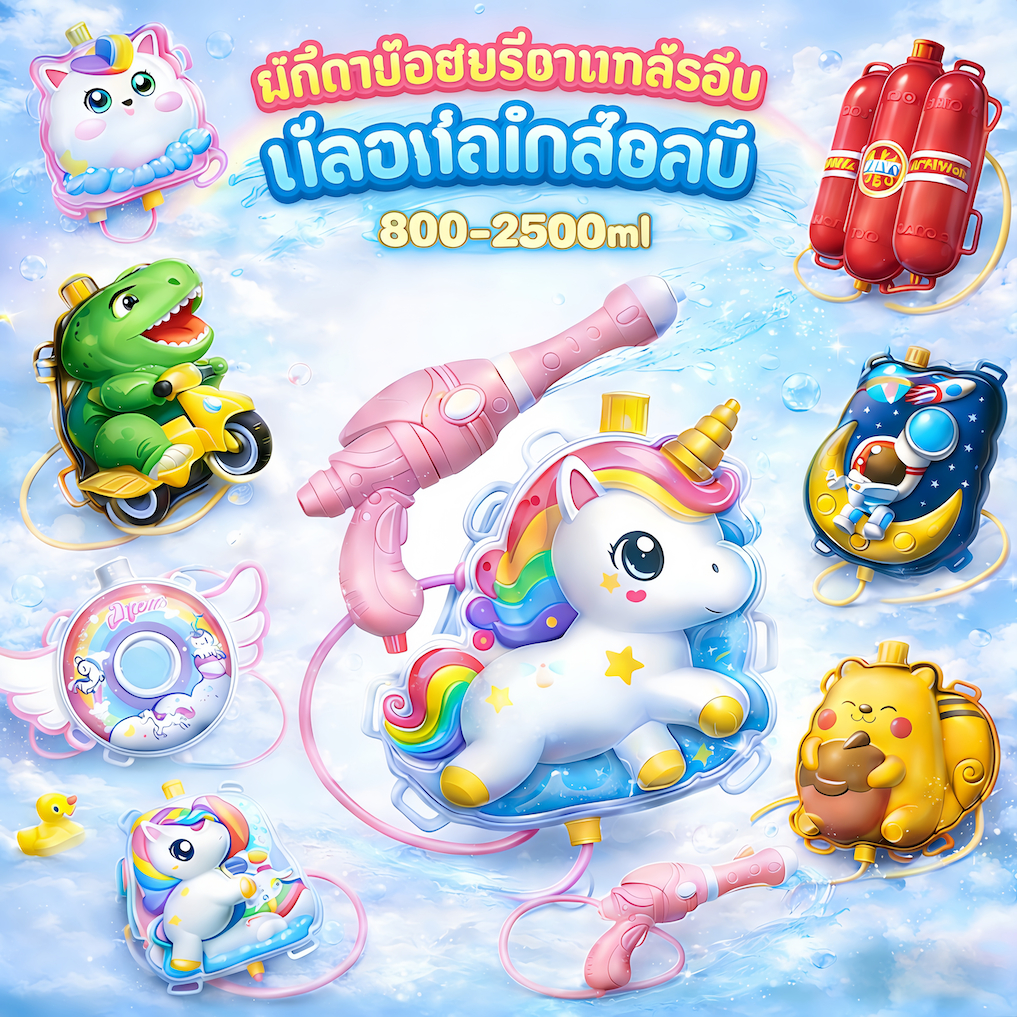 ปืนฉีดน้ำเด็ก ปืนฉีดน้ำเป้สะพายหลัง ลายการ์ตูน ทรงตัวการ์ตูน ของเล่นเด็ก Water gun ยิงได้ไกล