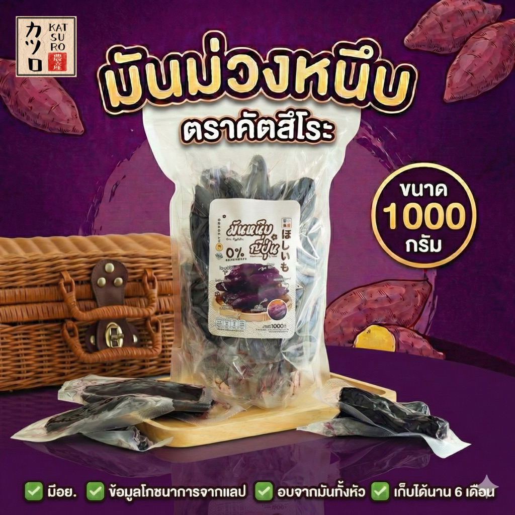 มันม่วงหนึบตราคัตสึโระ [ 1000 กรัม ] 16-24 ชิ้น เกรดพรีเมียม อบจากมันม่วงทั้งหัวไม่ผสมแป้ง มีอย.และข้อมูลโภชนาการ