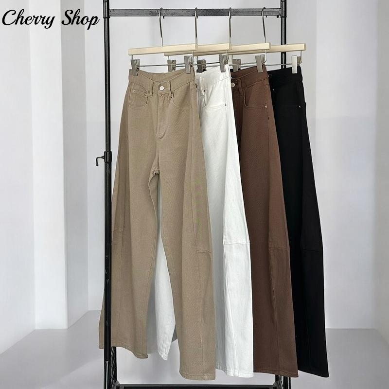 cherryshop พร้อมส่ง S-2XL กางเกงยีนส์ผู้หญิงเอวสูงสไตล์เกาหลีทรงขายาวแบบบักเก็ต ทรงขากว้าง แฟชั่นย้อนยุค หลายสี