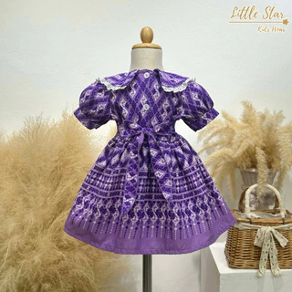 ⭐️Littlestar👧🏻 เดรสเด็กผ้าไทย ชุดไทยเด็กผ้าฝ้าย ผ้าครัช แต่งลูกไม้ มินิเดรสเด็กกระดุมหลัง มีสายผูกโบว์ GSF0653