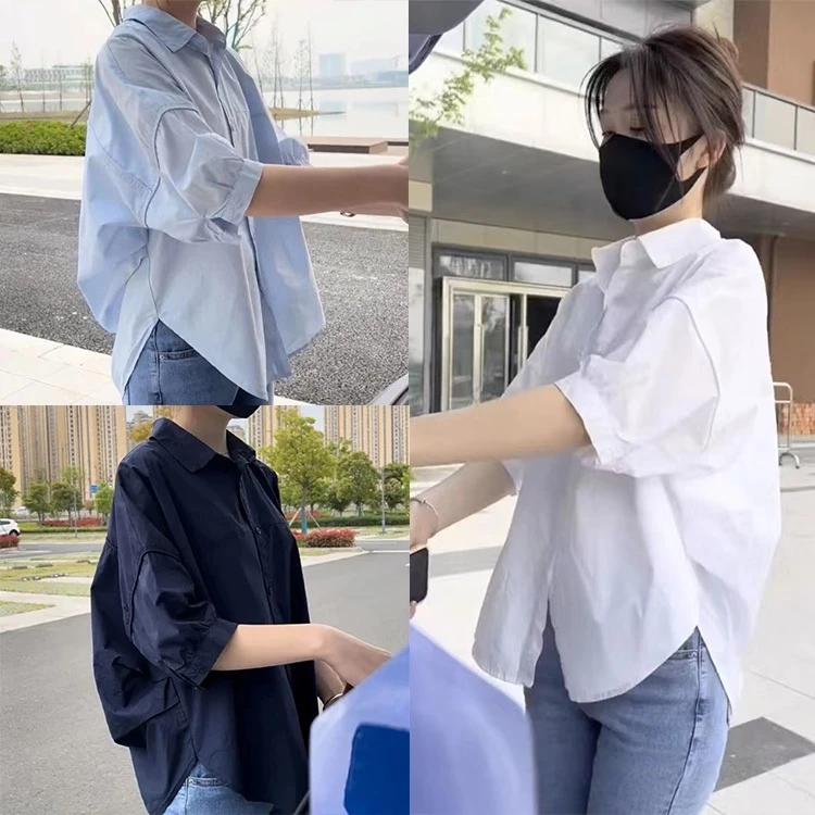 ของพร้อมส่ง🔥เสื้อเชิ้ตแขนสั้น แบบบาง ทรงหลวม ทรงหลวม New women's clothing แฟชั่นฤดูร้อน แขนสั้น คอปก สไตล์เกาหลี #F069