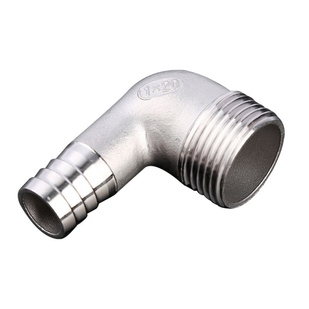 ข้อต่องอ 90 องศา หางไหลเกลียวนอก สแตนเลส 304  90 Degree Elbow Hose Barb x Male Thread – Stainless Steel 304