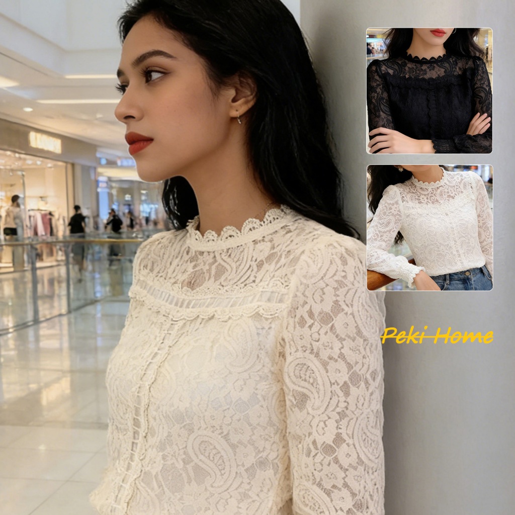 เสื้อเบลาส์แขนยาวลูกไม้ผู้หญิง สไตล์เก๋