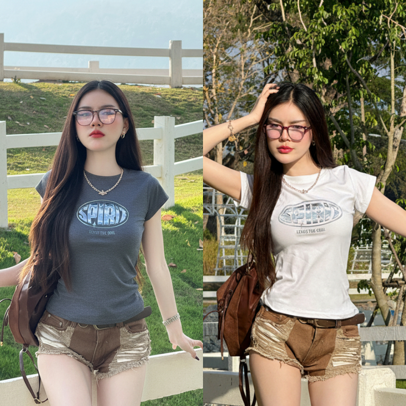 Spinnyhouse เสื้อยืดเข้ารูป สกรีนลายโลโก้ช่วงอก พร้อมส่ง สาวอวบใส่ได้ ผ้ายืดร่องใส่สบาย Y2K รุ่น แครอท SPIRIT