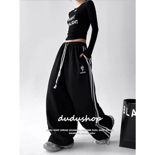 [Embroidery, striped casual pants]สไตล์อเมริกันวินเทจผู้หญิงเย็บปักถักร้อยเทรนด์สบาย ๆ ลายกางเกงขากว้าง