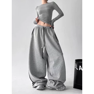 [Embroidery, striped casual pants]สไตล์อเมริกันวินเทจผู้หญิงเย็บปักถักร้อยเทรนด์สบาย ๆ ลายกางเกงขากว้าง