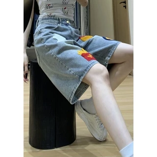 Swan shop (ไชด์S-6XL) กางเกงยีนส์ขาสั้น สามส่วน ทรงหลวม สไตล์สตรีท ลายแปะการ์ตูนน่ารัก วินเทจ พร้อมส่งจากกรุงเทพค่ะ