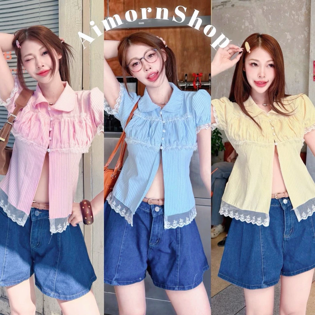 🔥aimorn_shop🔥 เสื้อคอปกแขนตุ๊กตา แต่งระบาย ดีเทลน่ารักๆ แหวกด้านหน้าเพิ่มความเซ็กซี่ มีเชือกผูกหลังเก๋ๆ เนื้อผ้าใส่สบาย
