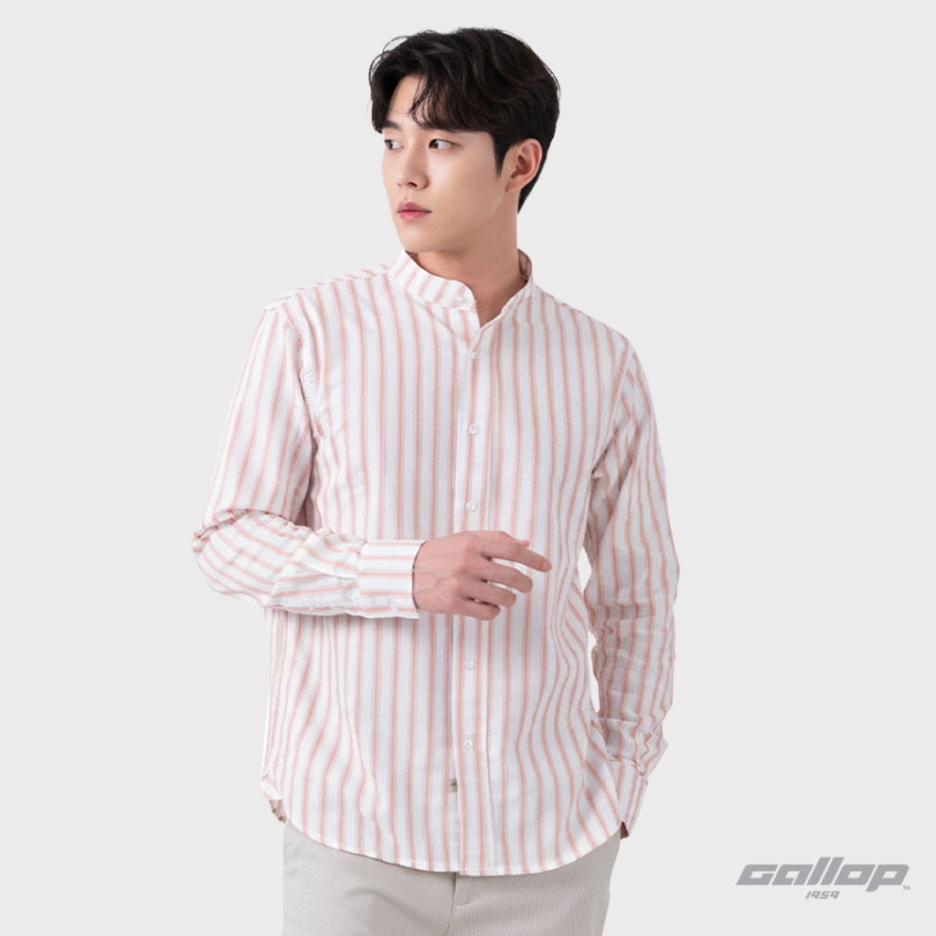 GALLOP : Striped Oxford Mandarin Collar Shirt เสื้อเชิ้ตคอจีนแขนยาวลายริ้ว รุ่น GW9051 สี Old Rose โอรส / ราคาปกติ 1490