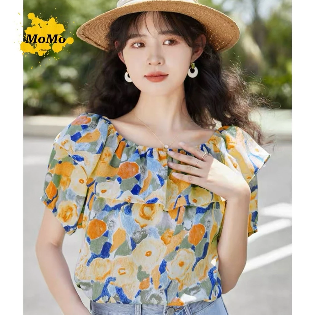 เสื้อลายดอกไม้ผ้าชีฟองแขนสั้น ดีเทลจับจีบพอง รุ่น 074 thumbnail 6