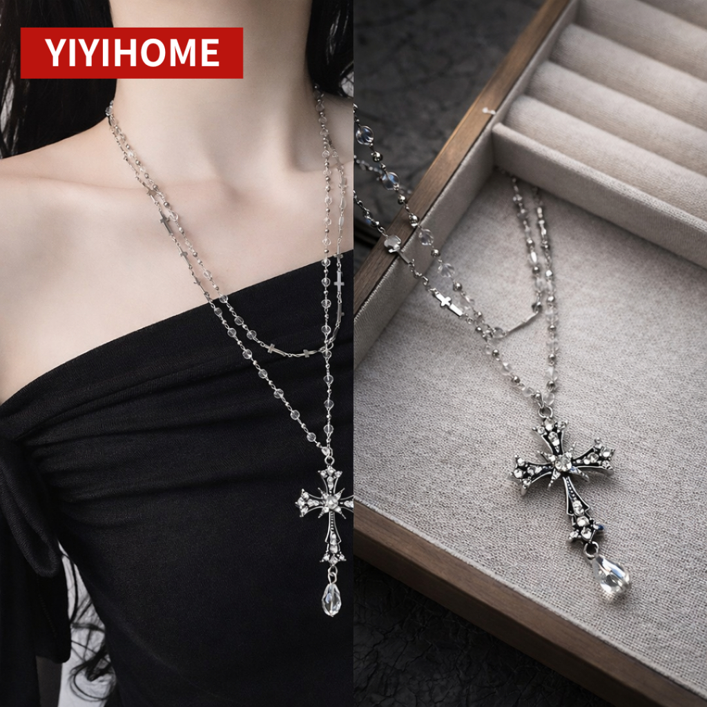 YIYIHOME สร้อยคอ สร้อยคอผู้หญิง สร้อยคอไม้กางเขน สร้อยคอสองชั้น ลูกปัด คริสตัล สไตล์ Y2K เครื่องประดับแฟชั่น