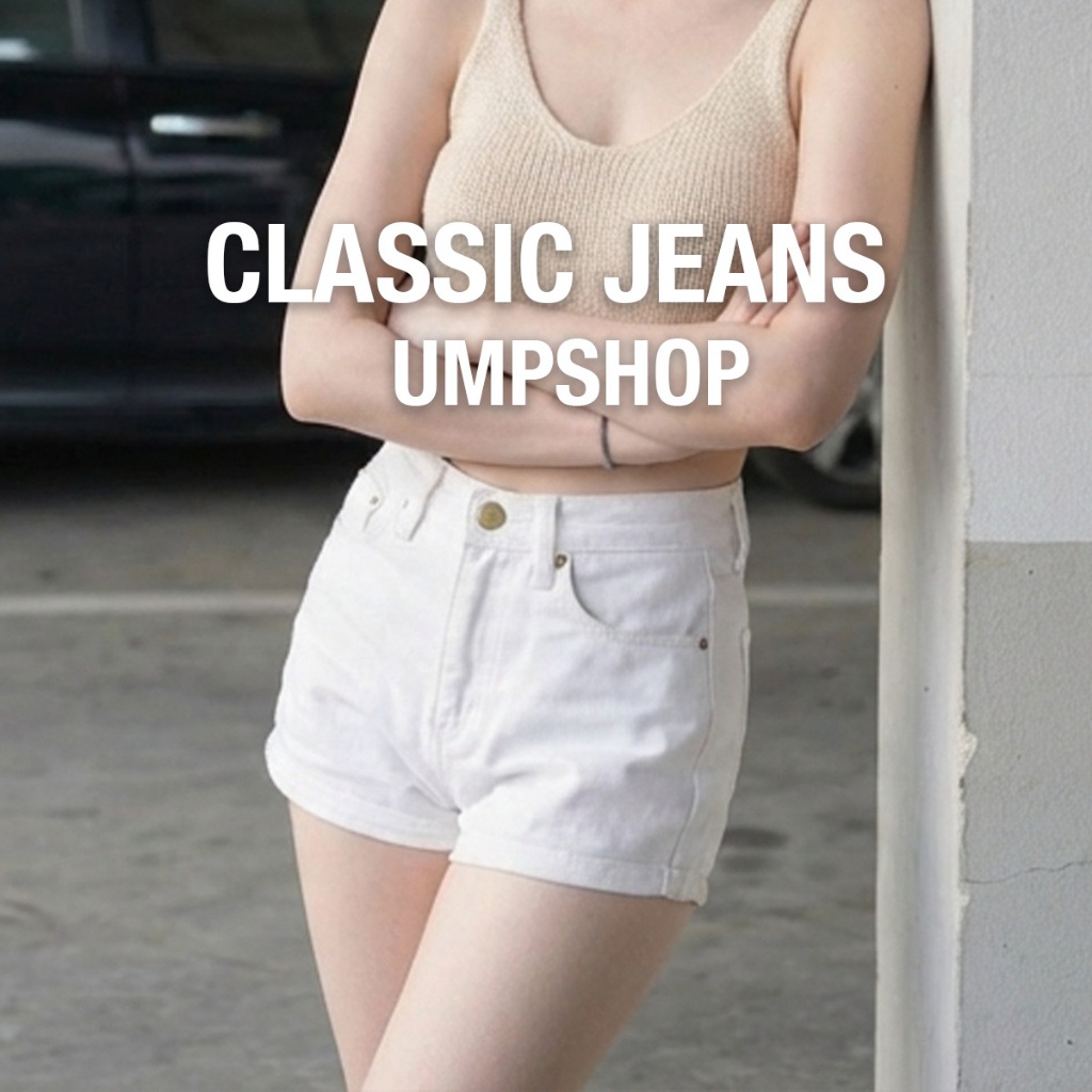 กางเกงยีนส์ขาสั้นเอวสูงสีขาว ขาตรงทรงเบสิค Basic White Denim ผ้าไม่ยืด
