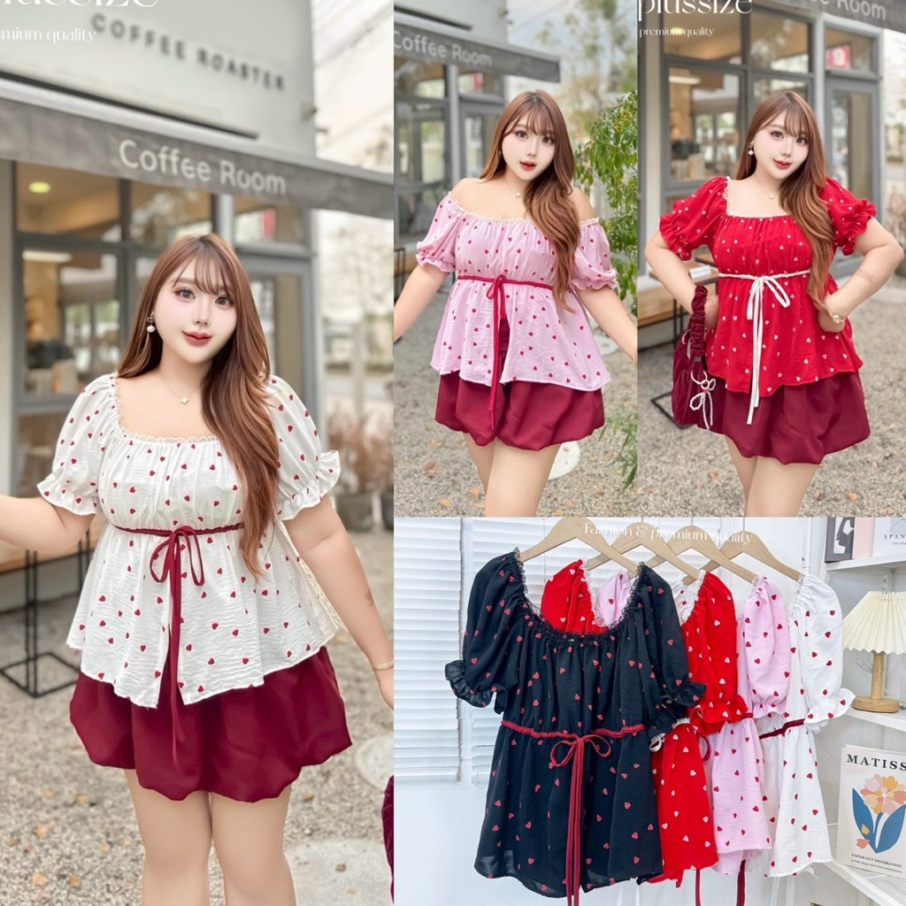 /SP/ เสื้อสม็อคแขนตุ๊กตา mini heart มีไซส์อก36-66 แต่งสายผูกโบว์ตัดสี ใส่ยางยืดเส้นเล็กรอบตัว #เสื้อไซส์ใหญ่ พลัสไซส์