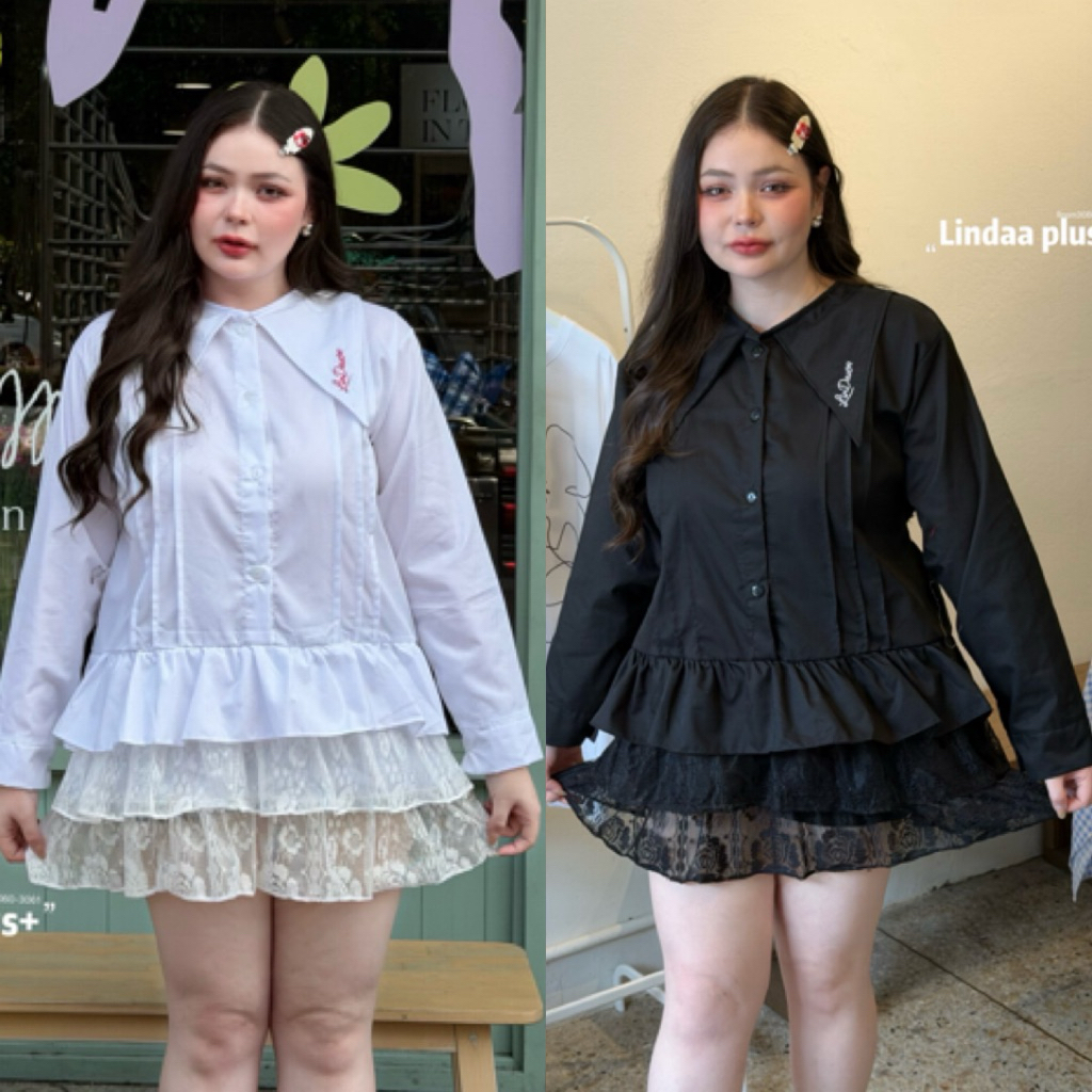 LD มินิเดรสแต่งลูกไม้ชั้นๆ คอแหลมปัก Lindaa ด้านในกระโปรงมีซับใน ผ้าคอตตอน ไซส์ใหญ่ สาวอวบ