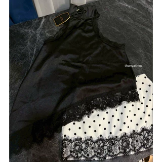 ชุดเซท 2 ชิ้น เสื้อซาตินตัวยาวแต่งลูกไม้ กระโปรงสั้นลายจุดแต่งลูกไม้