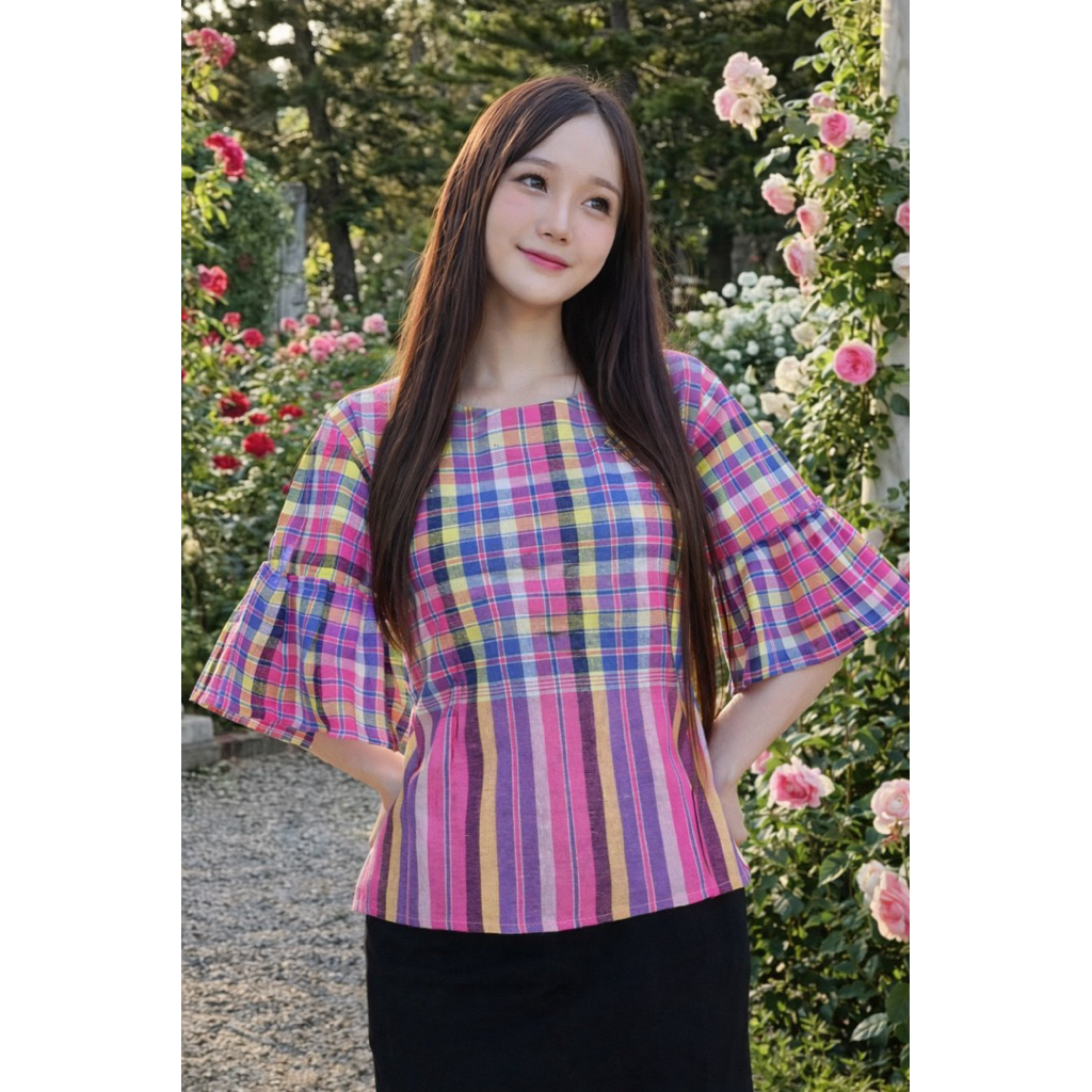 พร้อมส่ง✅ เสื้อแขนกระดิ่งผ้าขาวม้า - รูปที่ 7