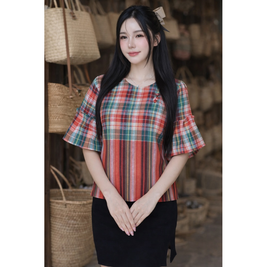 พร้อมส่ง✅ เสื้อแขนกระดิ่งผ้าขาวม้า - รูปที่ 4